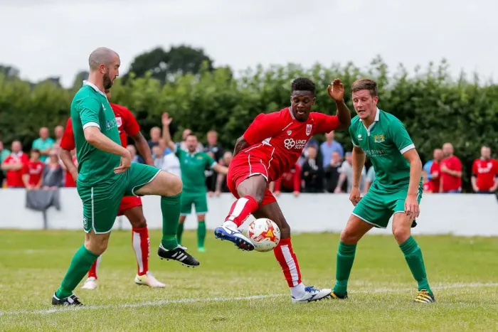 Framed Print : Bristol City's Kieran Agard Tries to Score in Pre-Season Community Match vs Hengrove Athletic Framed Print : Bristol City's Kieran Agard Tries to Score in Pre-Season Community Match vs Hengrove Athletic