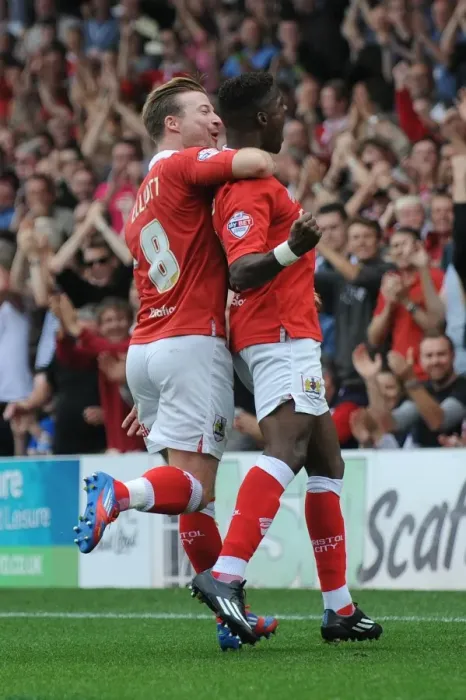 Framed Print : Bristol City's Kieran Agard and Wade Elliott Celebrate Goal Against MK Dons, Sky Bet League One, Ashton Gate, 2014 Framed Print : Bristol City's Kieran Agard and Wade Elliott Celebrate Goal Against MK Dons, Sky Bet League One, Ashton Gate, 2014