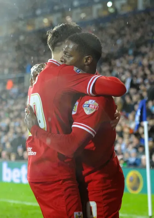 Framed Print : Bristol City's Kieran Agard and Wes Burns Celebrate 2-1 Goal Against West Brom in FA Cup Third Round