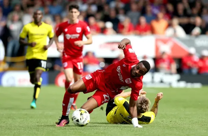 Framed Print : Bristol City's Kodjia Fouled by McFadzean in Sky Bet Championship Clash at Burton Albion Framed Print : Bristol City's Kodjia Fouled by McFadzean in Sky Bet Championship Clash at Burton Albion