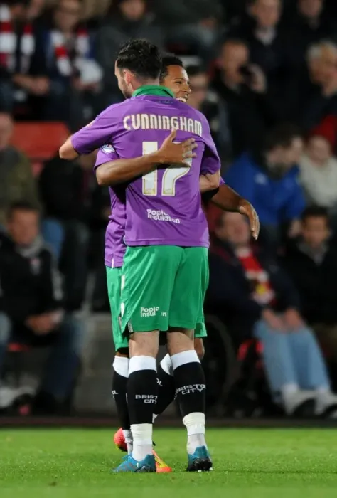 Framed Print : Bristol City's Korey Smith and Greg Cunningham Celebrate Goal in Johnstone's Paint Trophy Match against Cheltenham Town Framed Print : Bristol City's Korey Smith and Greg Cunningham Celebrate Goal in Johnstone's Paint Trophy Match against Cheltenham Town