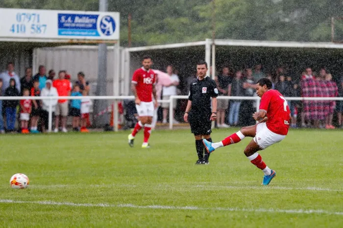 Framed Print : Bristol City's Korey Smith Scores the Opener in Preseason Community Match vs. Brislington Framed Print : Bristol City's Korey Smith Scores the Opener in Preseason Community Match vs. Brislington
