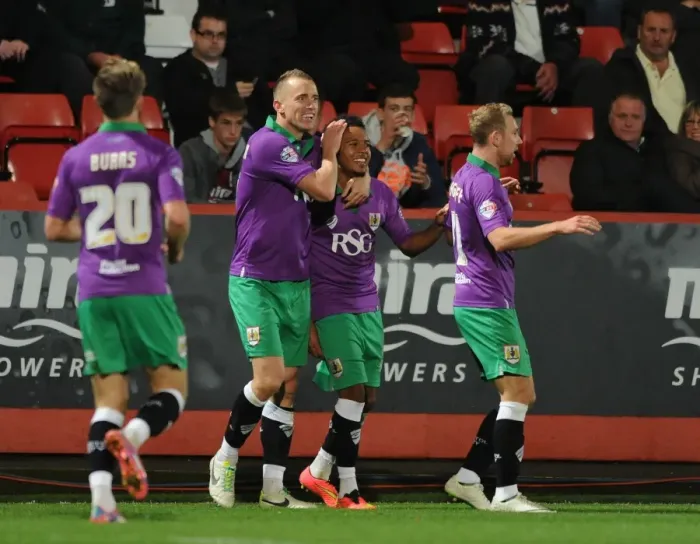 Framed Print : Bristol City's Korey Smith Scores the Winner: Cheltenham Town vs. Bristol City, Johnstone's Paint Trophy Framed Print : Bristol City's Korey Smith Scores the Winner: Cheltenham Town vs. Bristol City, Johnstone's Paint Trophy