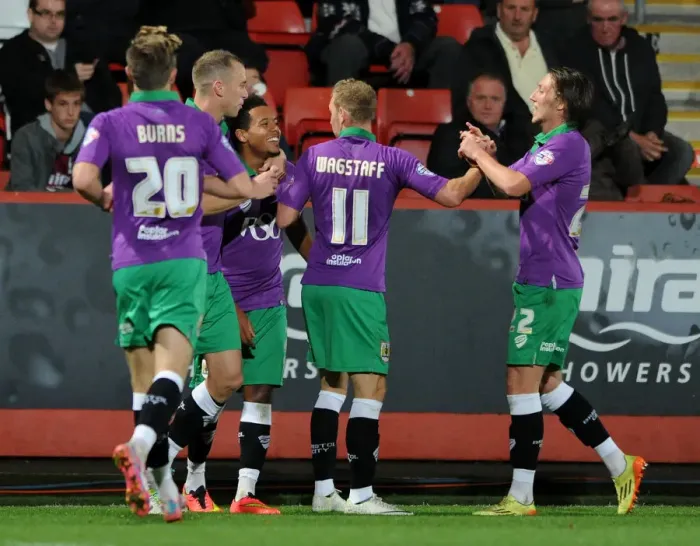 Framed Print : Bristol City's Korey Smith Scores the Winning Goal Against Cheltenham Town Framed Print : Bristol City's Korey Smith Scores the Winning Goal Against Cheltenham Town
