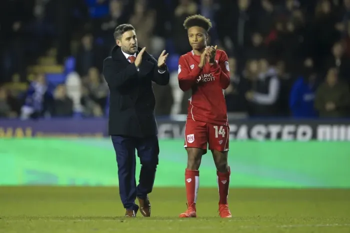 Framed Print : Bristol City's Lee Johnson and Bobby Reid Show Appreciation to Fans after Reading Match