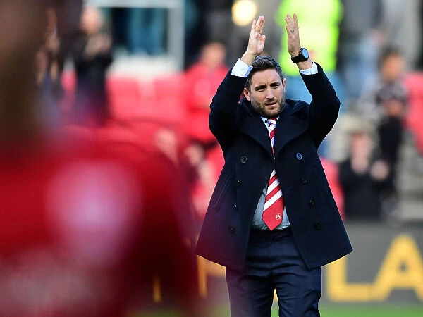 Bristol City's Lee Johnson Celebrates with Fans after Win against Nottingham Forest