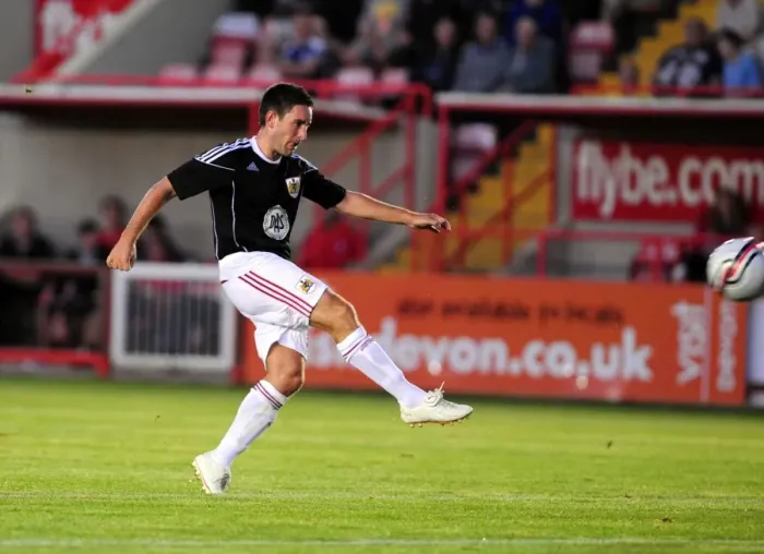 Framed Print : Bristol Citys Lee Johnson goes close with a long range effort