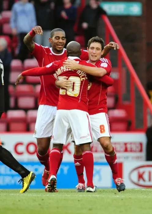 Framed Print : Bristol City's Lee Johnson and Jamal Campbell-Ryce, Marvin Elliott Celebrate Goal Against Cardiff City - Championship Match, January 1, 2011 - Ashton Gate Stadium Framed Print : Bristol City's Lee Johnson and Jamal Campbell-Ryce, Marvin Elliott Celebrate Goal Against Cardiff City - Championship Match, January 1, 2011 - Ashton Gate Stadium