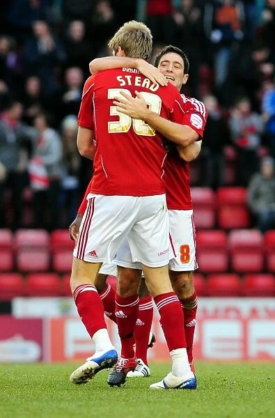 Bristol City's Lee Johnson and Jon Stead Celebrate Championship Victory Over Cardiff City (01.01.2011)