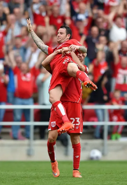 Framed Print : Bristol City's Lee Tomlin Celebrates Dramatic Goal with Teammate Hordur Magnusson vs. Aston Villa (27 / 08 / 2016) Framed Print : Bristol City's Lee Tomlin Celebrates Dramatic Goal with Teammate Hordur Magnusson vs. Aston Villa (27 / 08 / 2016)