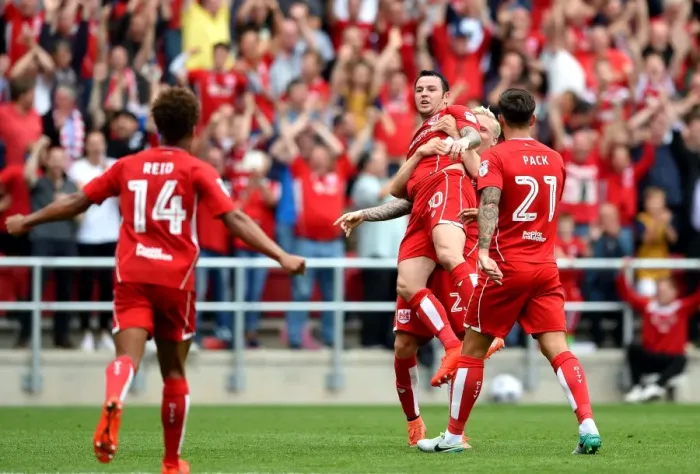 Framed Print : Bristol City's Lee Tomlin Celebrates Goal Lifted by Hordur Magnusson vs. Aston Villa (27 / 08 / 2016) Framed Print : Bristol City's Lee Tomlin Celebrates Goal Lifted by Hordur Magnusson vs. Aston Villa (27 / 08 / 2016)
