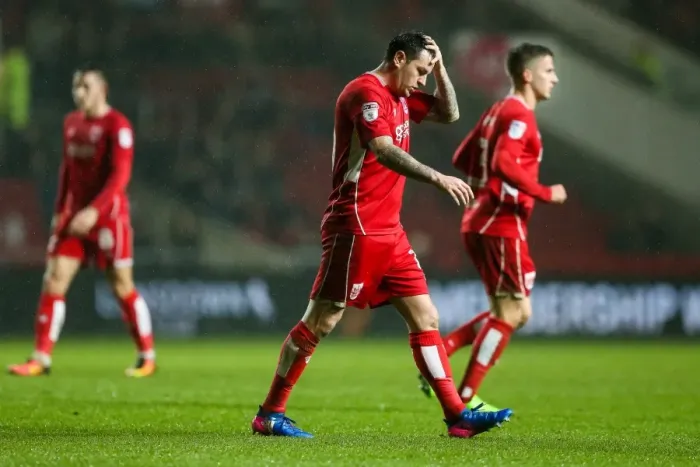 Framed Print : Bristol City's Lee Tomlin Disappointed After Missed Free Kick vs. Sheffield Wednesday (Sky Bet Championship) Framed Print : Bristol City's Lee Tomlin Disappointed After Missed Free Kick vs. Sheffield Wednesday (Sky Bet Championship)