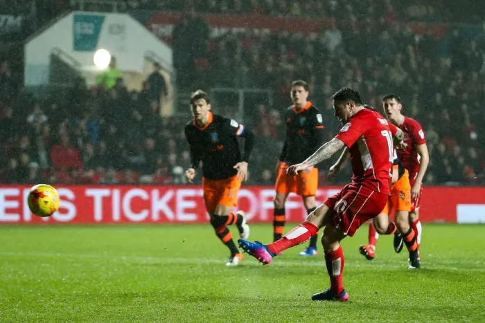 Framed Print : Bristol City's Lee Tomlin Scores Dramatic Penalty to Secure 1-1 Draw Against Sheffield Wednesday