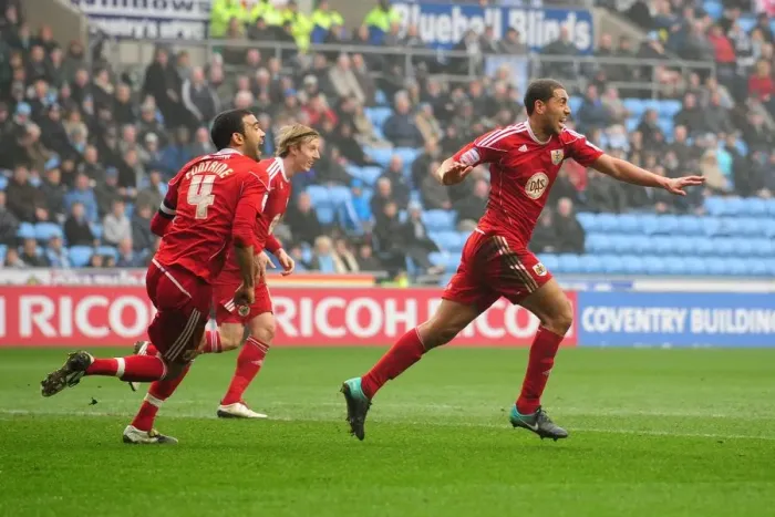 Framed Print : Bristol City's Lewin Nyatanga Celebrates Second Goal vs Coventry City - Championship Match, March 5, 2011