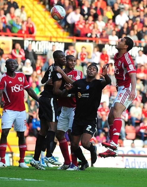 Bristol City's Lewin Nyatanga Narrowly Misses Header Goal Against Peterborough United - Championship Match, October 15, 2011