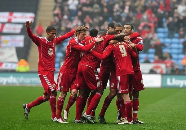 Bristol City's Lewin Nyatanga Scores the Second Goal Against Coventry City in Championship Match (05 / 03 / 2011): Celebrating with Team Mates