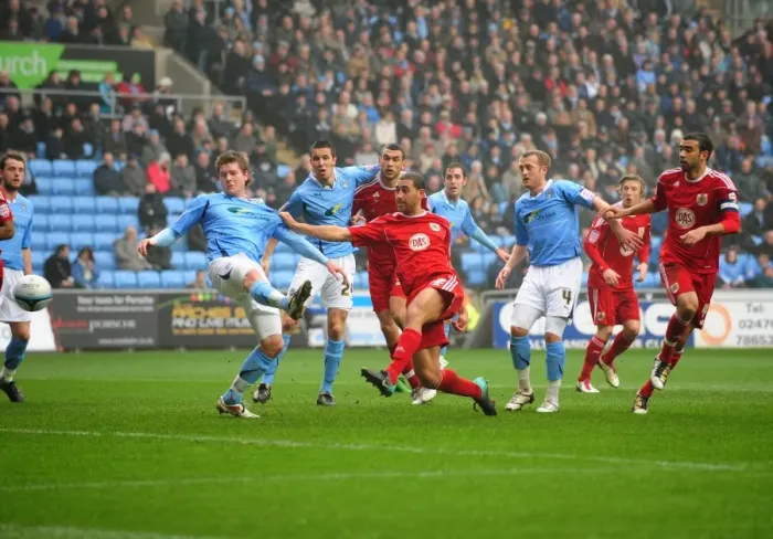 Framed Print : Bristol City's Lewin Nyatanga Scores the Second Goal in Championship Match vs. Coventry City (05 / 03 / 2011) Framed Print : Bristol City's Lewin Nyatanga Scores the Second Goal in Championship Match vs. Coventry City (05 / 03 / 2011)