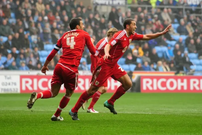 Framed Print : Bristol City's Lewin Nyatanga Scores His Second Goal: Triumphant Moment in Coventry City vs. Bristol City Championship Match (05-03-2011) Framed Print : Bristol City's Lewin Nyatanga Scores His Second Goal: Triumphant Moment in Coventry City vs. Bristol City Championship Match (05-03-2011)