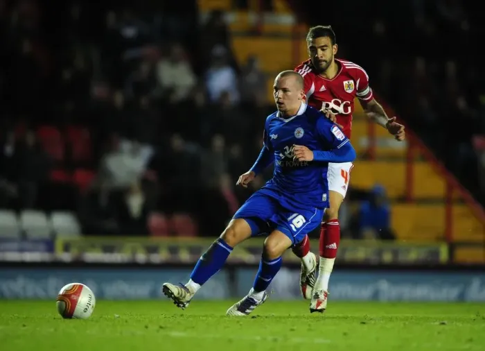 Framed Print : Bristol City's Liam Fontaine Chases Down Daniel Drinkwater During Bristol City vs. Leicester City Football Match, Ashton Gate Stadium, 2012