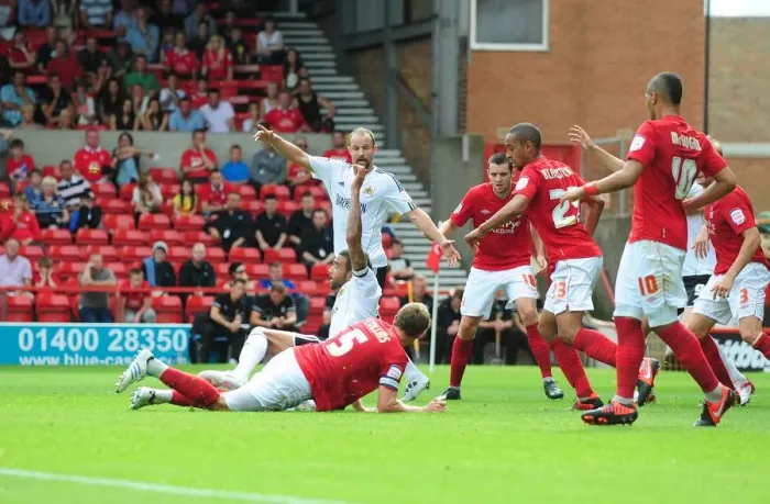 Framed Print : Bristol City's Liam Fontaine Foulied in the Box by Nottingham Forest's Danny Collins - No Penalty Called (Nottingham Forest v Bristol City, Championship 2012)