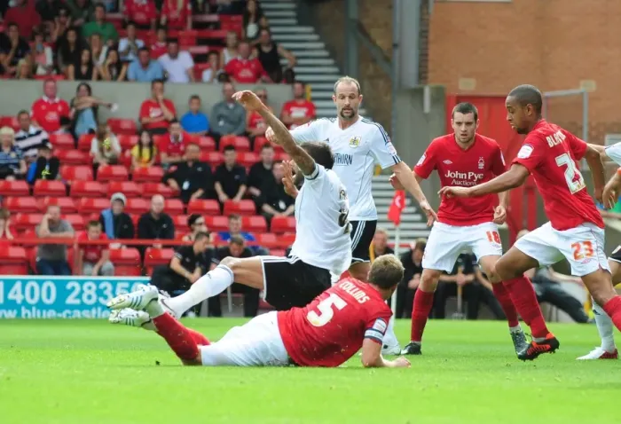 Framed Print : Bristol City's Liam Fontaine Fouls by Nottingham Forest's Danny Collins in Penalty Area - No Penalty Called (Nottingham Forest v Bristol City, Championship 2012) Framed Print : Bristol City's Liam Fontaine Fouls by Nottingham Forest's Danny Collins in Penalty Area - No Penalty Called (Nottingham Forest v Bristol City, Championship 2012)