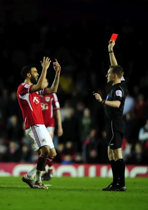 Framed Print : Bristol City's Liam Fontaine Receives Red Card vs. Watford (2012) Framed Print : Bristol City's Liam Fontaine Receives Red Card vs. Watford (2012)