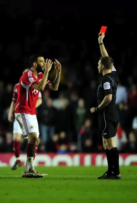 Framed Print : Bristol City's Liam Fontaine Receives Red Card Against Watford (2012) Framed Print : Bristol City's Liam Fontaine Receives Red Card Against Watford (2012)