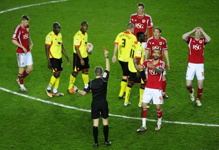 Framed Print : Bristol City's Liam Fontaine Receives Straight Red: Disbelief at Ashton Gate (Bristol City v Watford) Framed Print : Bristol City's Liam Fontaine Receives Straight Red: Disbelief at Ashton Gate (Bristol City v Watford)
