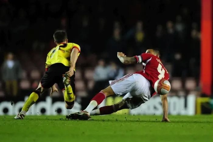 Framed Print : Bristol City's Liam Fontaine Red-Carded for Foul on Watford's Jonathan Hogg (2013) Framed Print : Bristol City's Liam Fontaine Red-Carded for Foul on Watford's Jonathan Hogg (2013)
