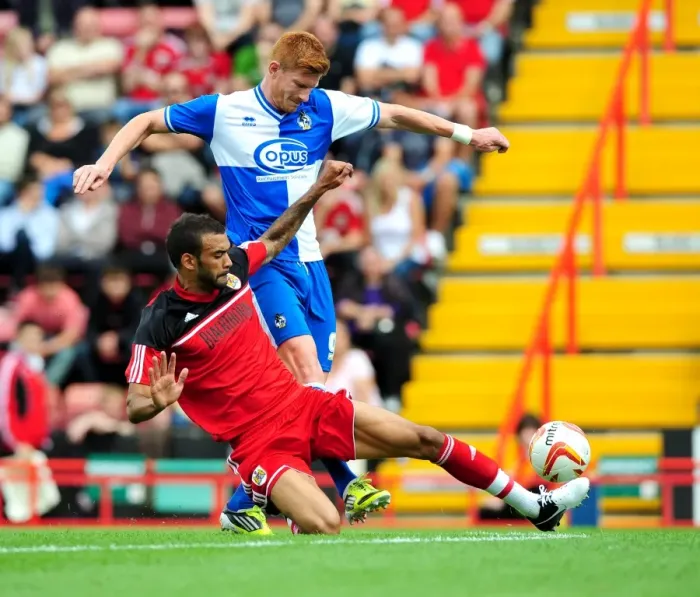Framed Print : Bristol City's Liam Fontaine Tackles Matt Harold in Louis Carey's Testimonial Match vs. Bristol Rovers, 2012 Framed Print : Bristol City's Liam Fontaine Tackles Matt Harold in Louis Carey's Testimonial Match vs. Bristol Rovers, 2012
