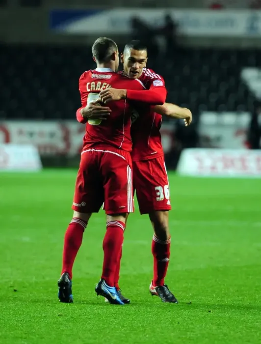 Framed Print : Bristol City's Louis Carey and Steven Caulker Celebrate Championship Victory Over Swansea City (10 / 11 / 2010)