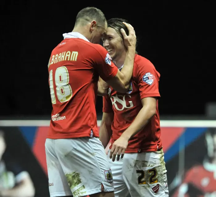 Framed Print : Bristol City's Luke Ayling and Aaron Wilbraham Celebrate Goal vs Crawley Town, Sky Bet League One, Ashton Gate Framed Print : Bristol City's Luke Ayling and Aaron Wilbraham Celebrate Goal vs Crawley Town, Sky Bet League One, Ashton Gate