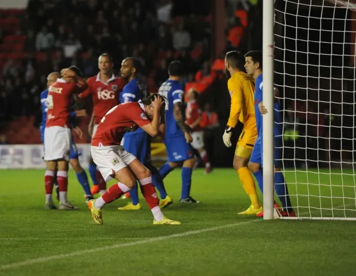 Framed Print : Bristol City's Luke Ayling Narrowly Heads Over: A Thrilling Moment from the 2014 Bristol City vs Leyton Orient Match