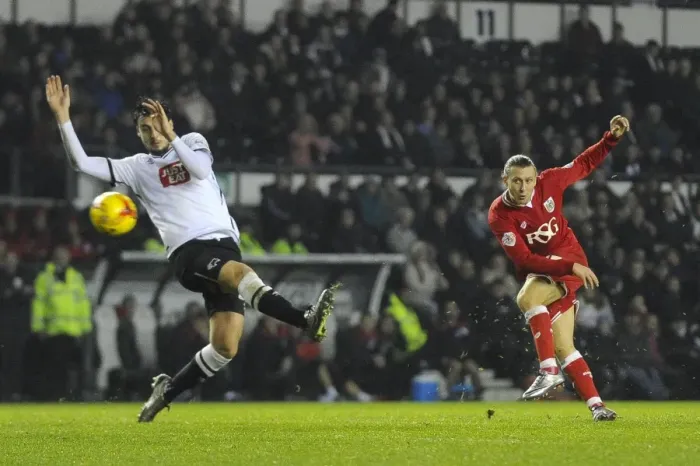 Framed Print : Bristol City's Luke Freeman Aims for the Net in Derby County Showdown Framed Print : Bristol City's Luke Freeman Aims for the Net in Derby County Showdown