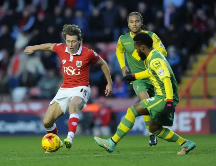 Framed Print : Bristol City's Luke Freeman Battles Under Pressure in Sky Bet League One Clash Against Notts County Framed Print : Bristol City's Luke Freeman Battles Under Pressure in Sky Bet League One Clash Against Notts County