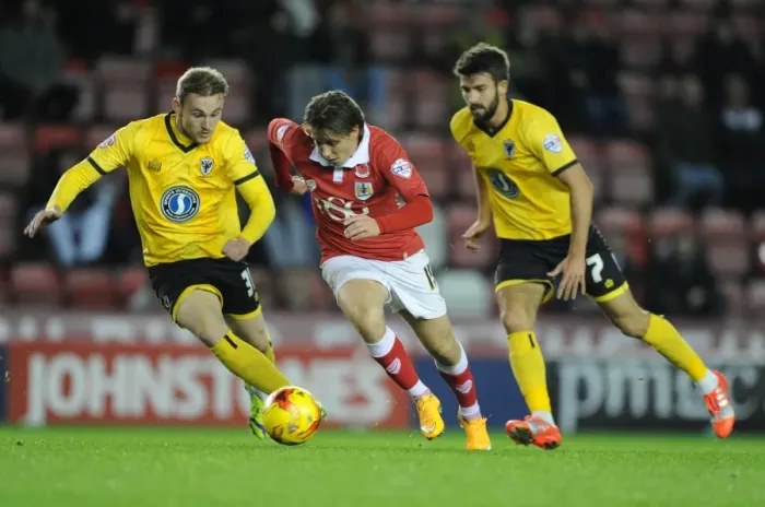 Framed Print : Bristol City's Luke Freeman Charges Forward in Johnstone's Paint Trophy Clash Against AFC Wimbledon