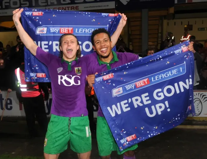 Framed Print : Bristol City's Luke Freeman and Korey Smith: Celebrating Promotion to Sky Bet Championship after 0-6 Win Framed Print : Bristol City's Luke Freeman and Korey Smith: Celebrating Promotion to Sky Bet Championship after 0-6 Win