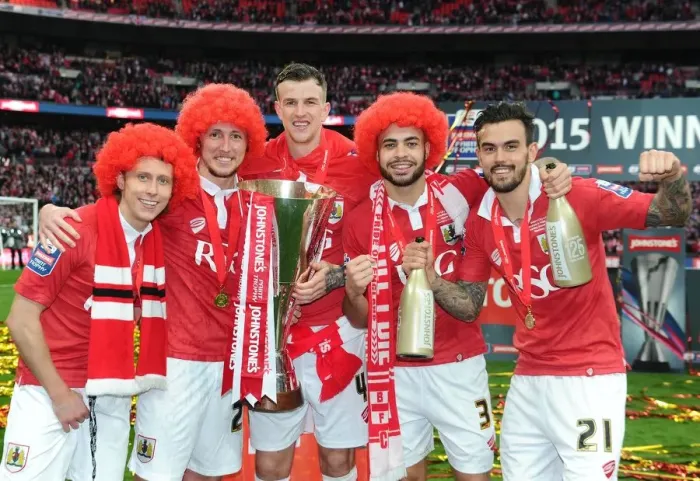 Framed Print : Bristol City's Luke Freeman, Luke Ayling, Aden Flint, Derrick Williams, and Marlon Pack at the Johnstone's Paint Trophy Final, 2015 - Wembley Stadium