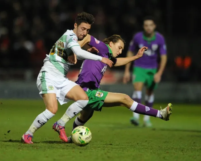 Framed Print : Bristol City's Luke Freeman vs. Josh Sheehan Clash in Yeovil Town vs. Bristol City Football Match, Sky Bet League One, 2015