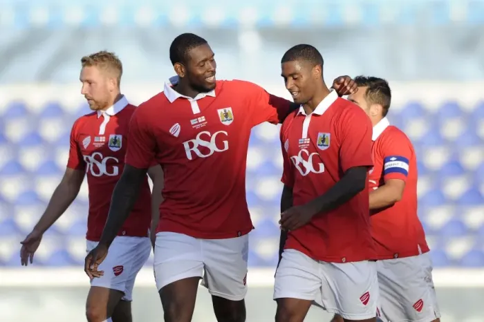 Framed Print : Bristol City's Mark Little Celebrates Goal with Team Mates Against Extension Gunners, 2014 Framed Print : Bristol City's Mark Little Celebrates Goal with Team Mates Against Extension Gunners, 2014