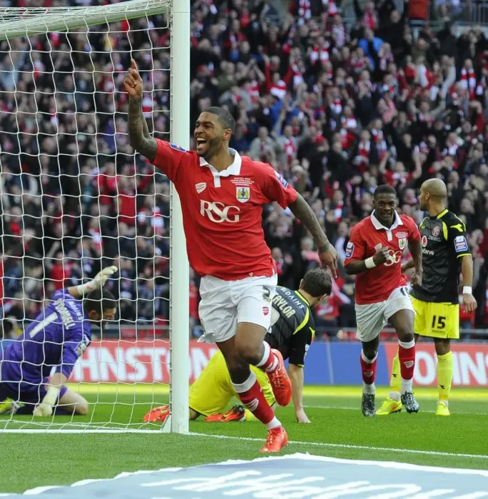 Framed Print : Bristol City's Mark Little Celebrates Goal-Winning Moment in Johnstone's Paint Trophy Final against Walsall, 2015 - Wembley Stadium Framed Print : Bristol City's Mark Little Celebrates Goal-Winning Moment in Johnstone's Paint Trophy Final against Walsall, 2015 - Wembley Stadium