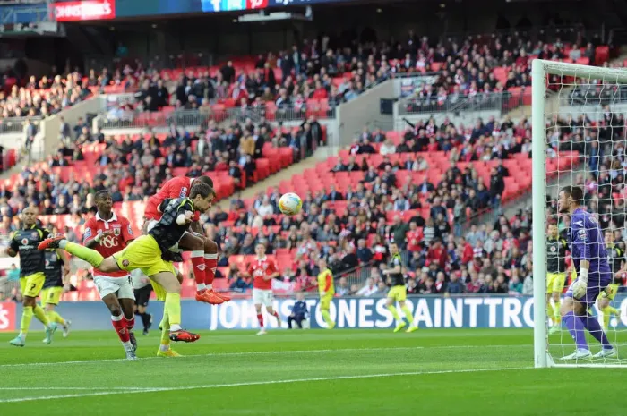 Framed Print : Bristol City's Mark Little Scores the Game-Winning Goal in Johnstone's Paint Trophy Final against Walsall