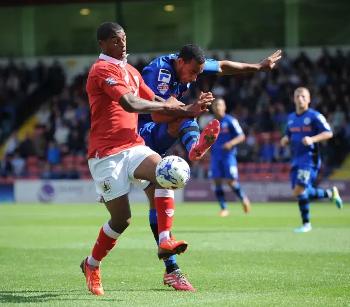Framed Print : Bristol City's Mark Little Shuts Down Rhys Bennett of Rochdale - Football Rivalry at Spotland Stadium (August 2014)