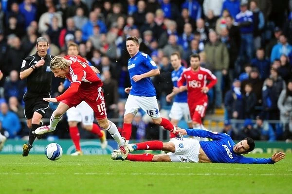 Bristol City's Martyn Woolford Fouled by Portsmouth's Ricardo Rocha During Match, Fratton Park, 2012
