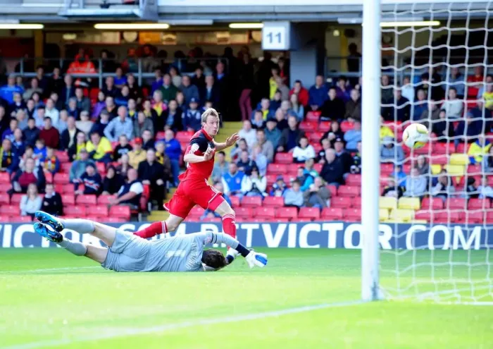 Framed Print : Bristol City's Martyn Woolford Hits the Post: A Close Call in the Championship Clash between Watford and Bristol City (September 2012)
