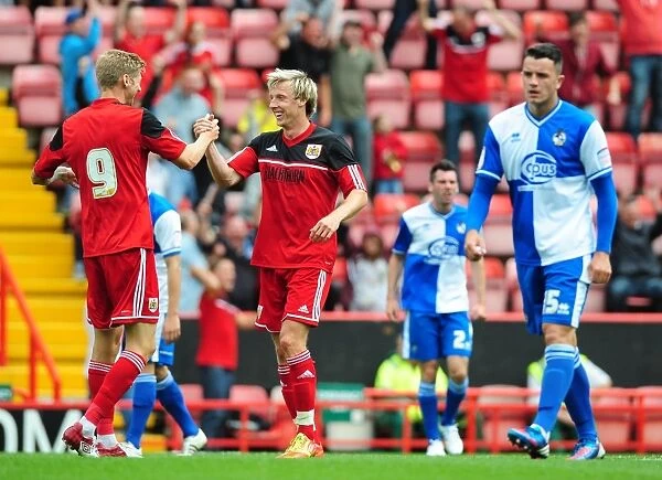 Bristol City's Martyn Woolford and Jon Stead Celebrate Goal during Louis Carey's Testimonial Match vs. Bristol Rovers, August 4, 2012