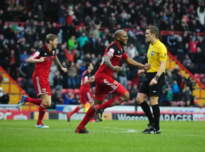 Framed Print : Bristol City's Marvin Elliott Celebrates Goal Against Nottingham Forest, Npower Championship (2013)