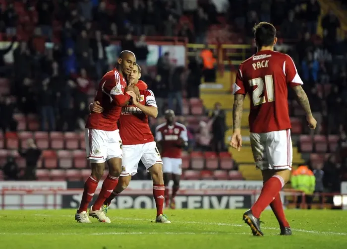 Framed Print : Bristol City's Marvin Elliott and Sam Baldock Celebrate Goal in FA Cup Match Against Dagenham and Redbridge Framed Print : Bristol City's Marvin Elliott and Sam Baldock Celebrate Goal in FA Cup Match Against Dagenham and Redbridge