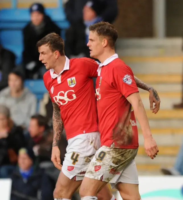 Framed Print : Bristol City's Matt Smith and Aden Flint Celebrate Goal vs. Gillingham (December 2014) Framed Print : Bristol City's Matt Smith and Aden Flint Celebrate Goal vs. Gillingham (December 2014)