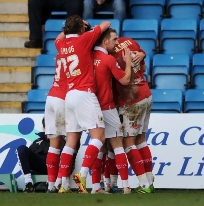 Framed Print : Bristol City's Matt Smith Double: Celebrating at Priestfield Stadium, Sky Bet League One (Gillingham v Bristol City) Framed Print : Bristol City's Matt Smith Double: Celebrating at Priestfield Stadium, Sky Bet League One (Gillingham v Bristol City)